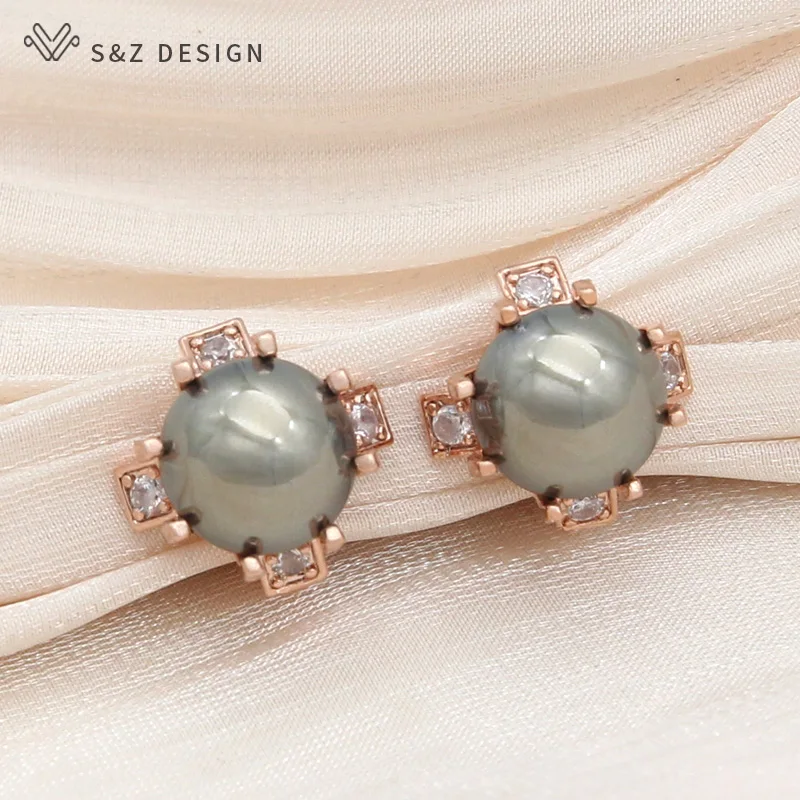 S&Z DESIGN New Fashion Luxury 585 Rose Gold Color Round Simulated-pearl Drop Earrings For Women Elegant Wedding Jewelry