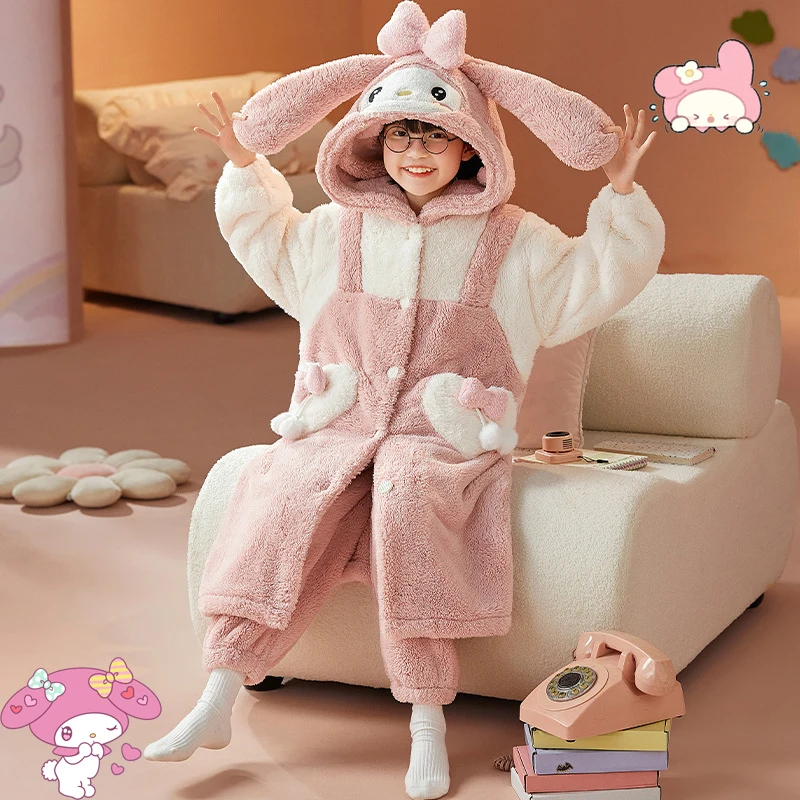 

Sanrios Mymelody Kuromi Cartoon Girls Flannel Nightgown Winter kawaii Anime Cinnamoroll Hooded cardigan + pants Homewear 8-14Y