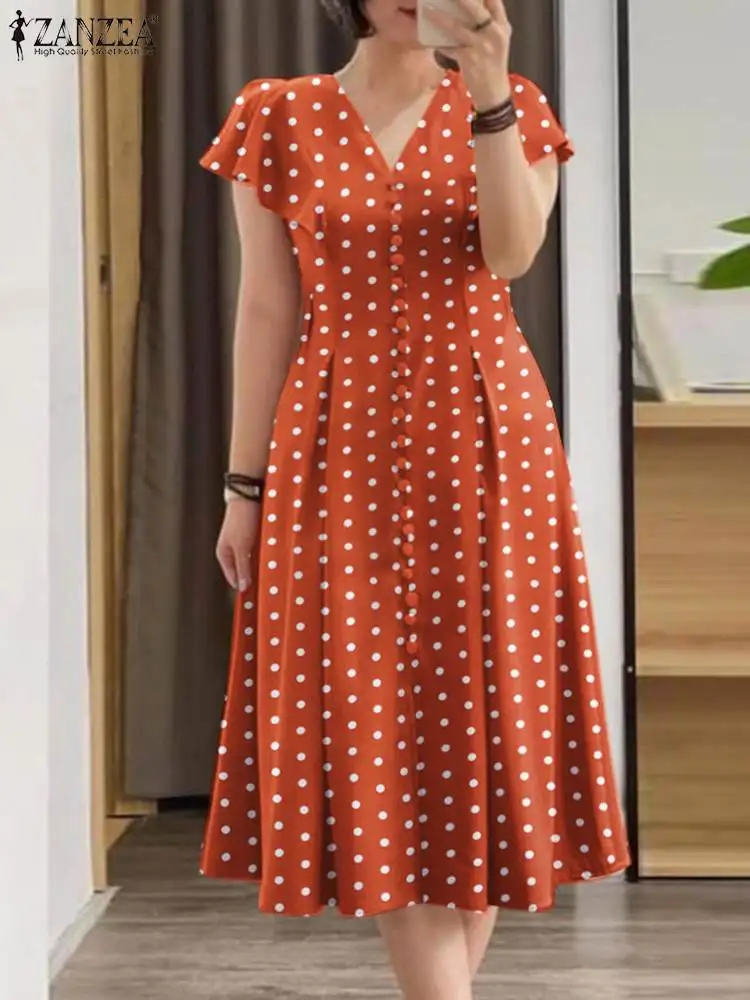 

ZANZEA 2024 Fashion Party Robes Femme Ruffle Sleeve Commute Polka Dots V Neck A-line Vestidos Casual Women Elegant Midi Dresses