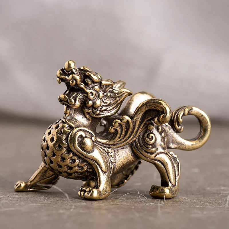 

1PC Statue Figurine Wealth Brass Decor Prosperity Chinese Style Ornament Qilin Dragon Luck Animal Fengshui Vintage