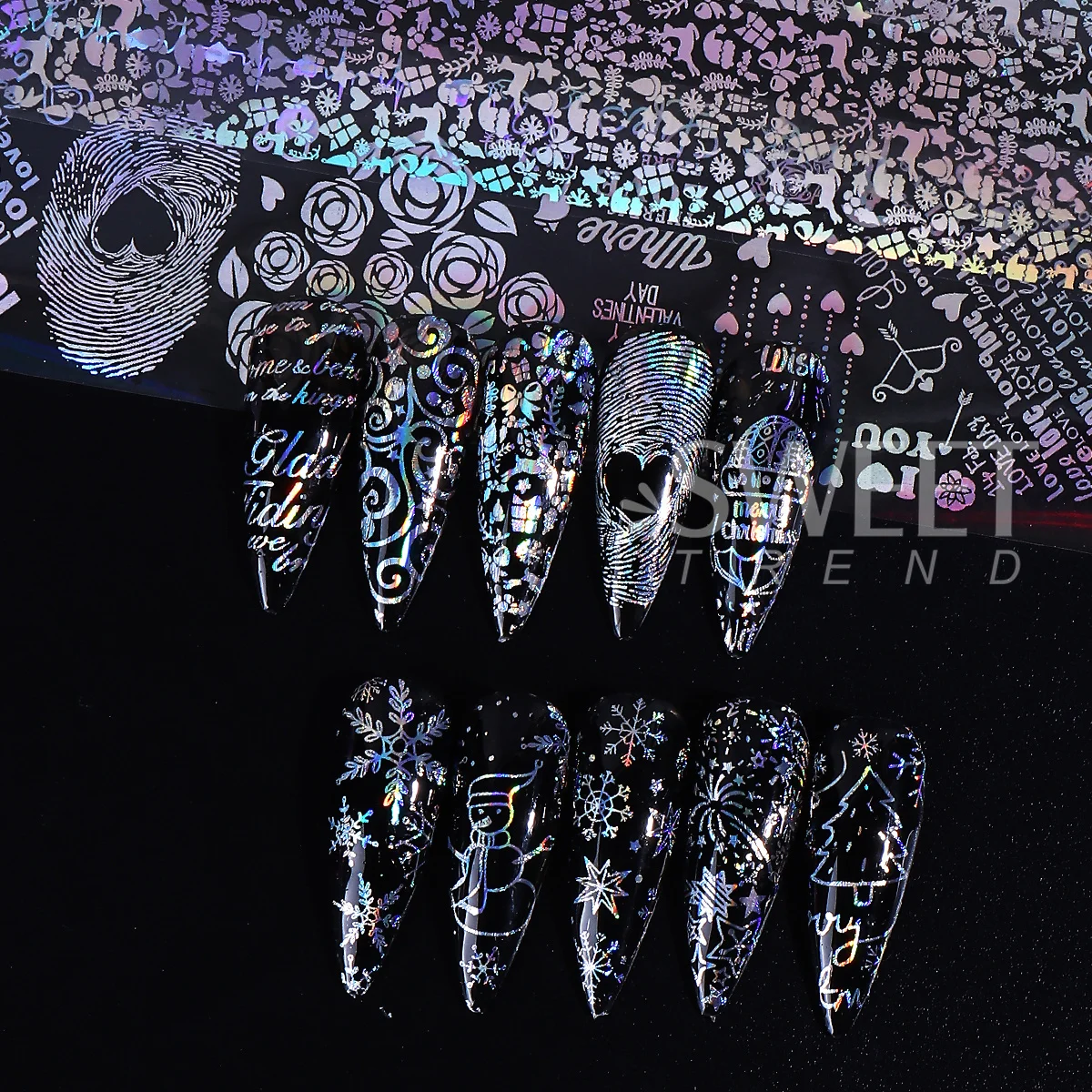 10pcs Holographic Silver Snowflake Nail Transfer Foils Laser Winter Xmas Tree Fireworks Christmas Decal New Year Manicure Slider