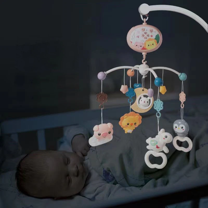 Musical Hanging Toys 360 Infant Soothing Rotate Baby Bed Crib Bell with Sensory Teether Rattle Projection Remote Control Mobile Music Box