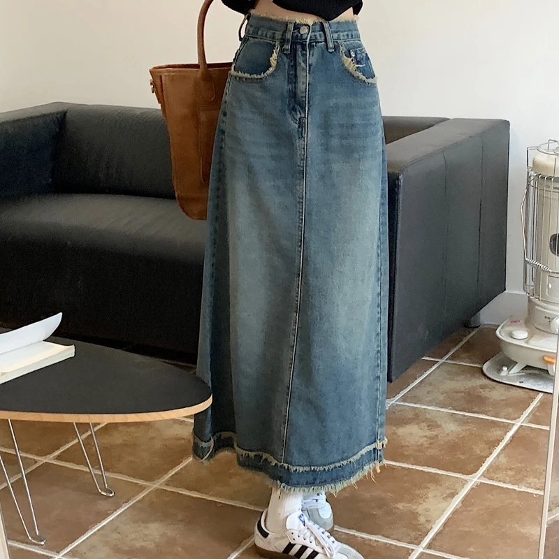 

Vintage Tassel Denim Skirt Women High Waist A-line All-Match Long Skirt