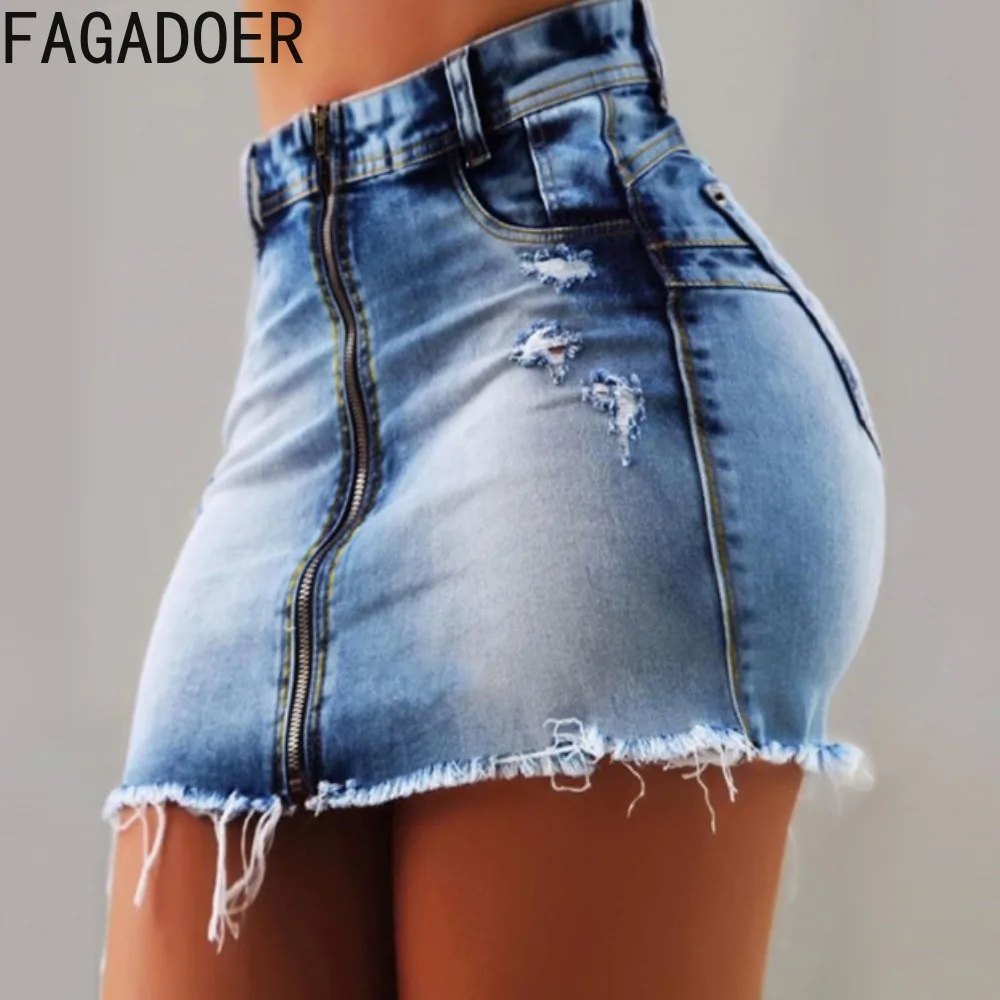 FAGADOER Blue Denim Fashion Zipper Skinny Mini Skirts Women High Waisted Hole Slim Skirt Summer New Matching Cowboy Bottoms 2024