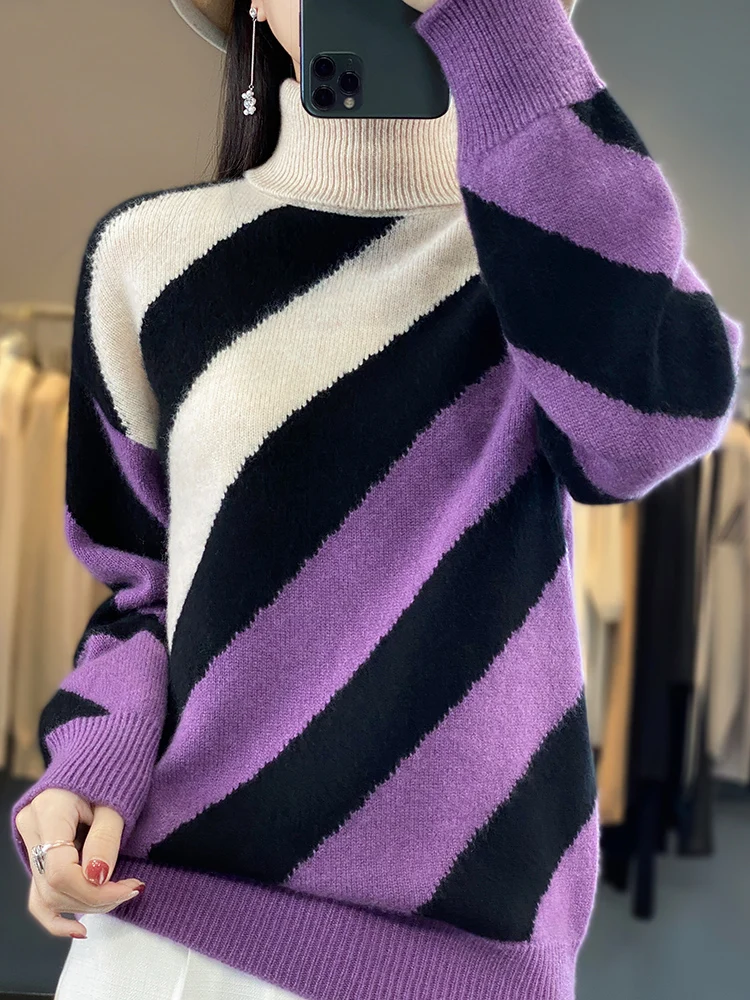 

High lapel sweater women's 100% pure wool bottoming shirt loose slim sweater color matching autumn and winter new knitted clothe