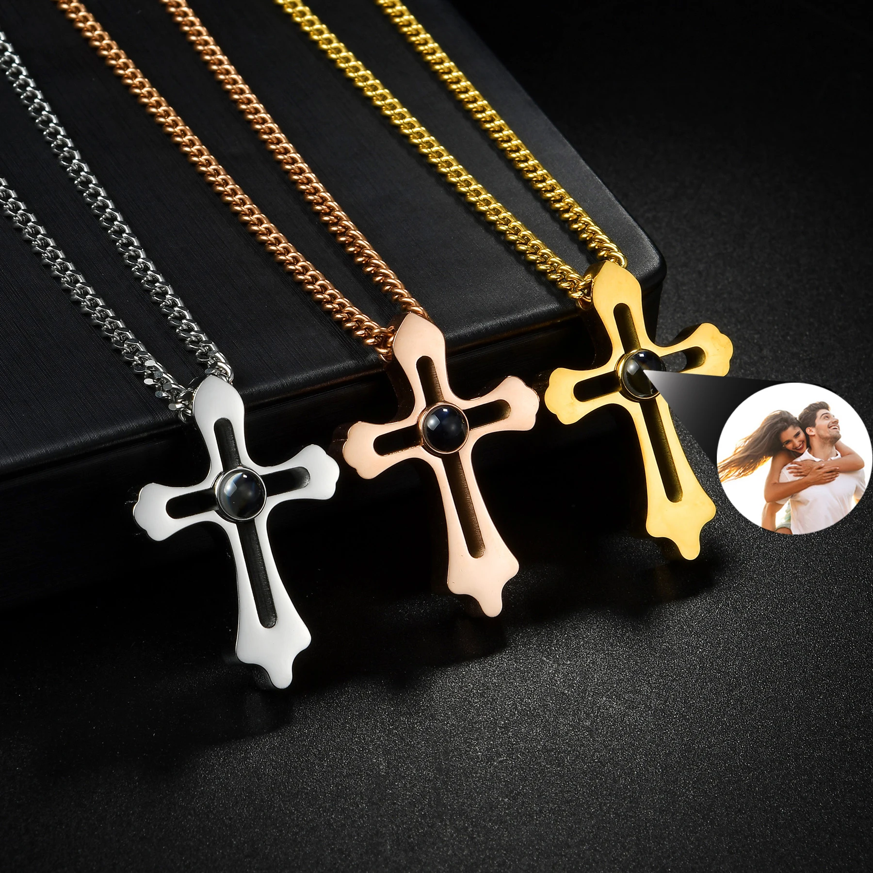 

Personalized Cross Heart Photo Necklace Custom Projection Photo Couple Memorial forWomen Men Keepsake Cuban Chain Christmas Gift