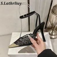 Nouvelles sandales à talons hauts pour femmes, sexy, à blocs de couleur, en dentelle, à bout pointu, sandales d'été, chaussures de soirée, escarpins 1