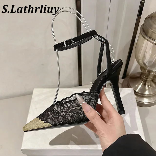 Nouvelles sandales à talons hauts pour femmes, sexy, à blocs de couleur, en dentelle, à bout pointu, sandales d'été, chaussures de soirée, escarpins 1