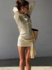 Fantoye Turn-down Collar Bandage Ruched Women Dress Long Sleeve Single Breasted Dress Autumn Skinny Elegant Vacation Party Dress 5