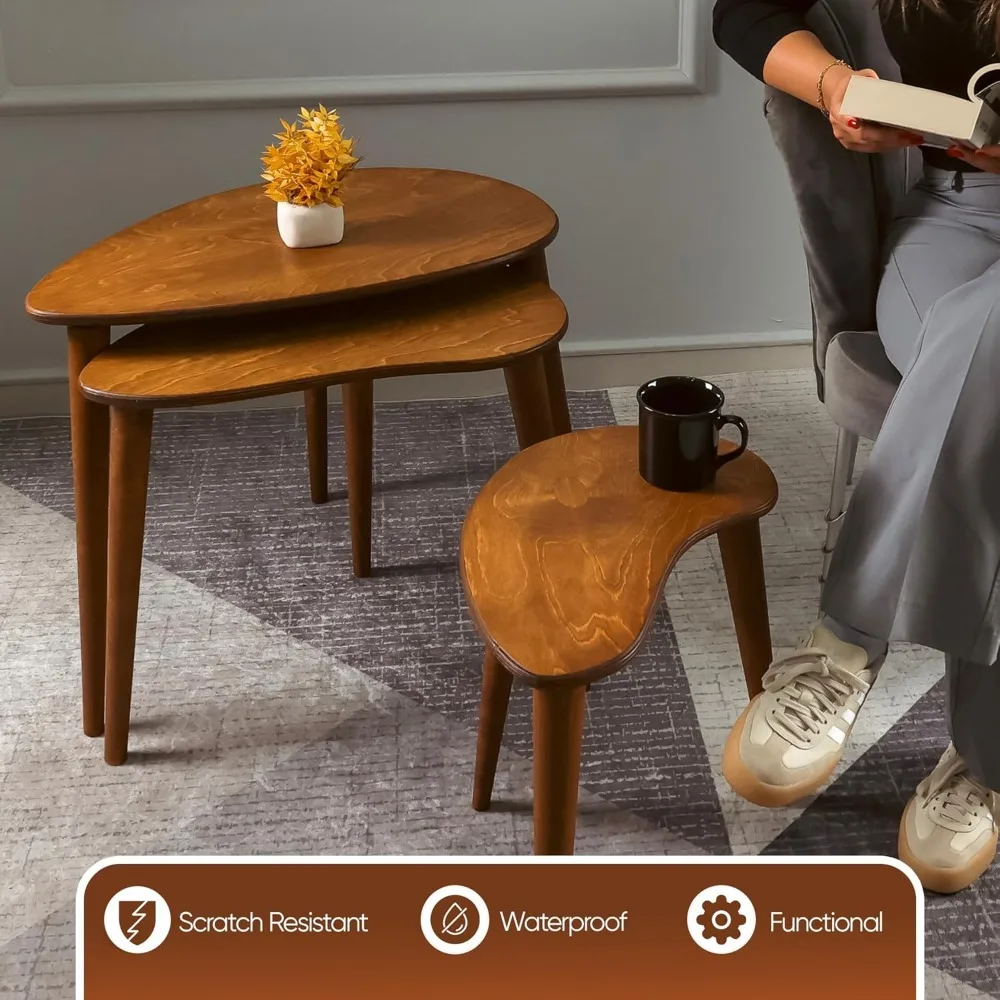 Solid nested table set of 3, birch mid-century pebble table with wood tapered legs, portable modern side coffee table 5