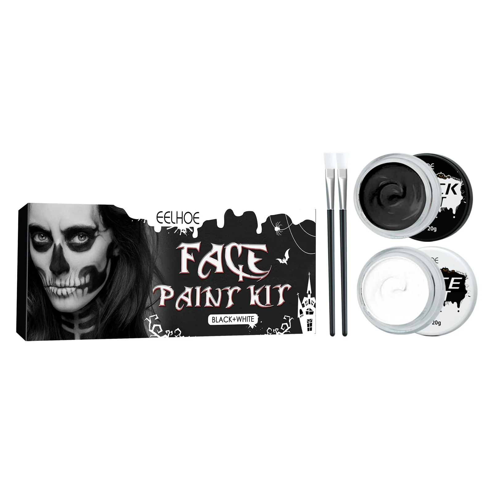 2PCS Halloween Face Painting Kit Highly Pigmented Face Body brus Paint Black and White for DIY Cosplay Theme Parties Body Makeup 3