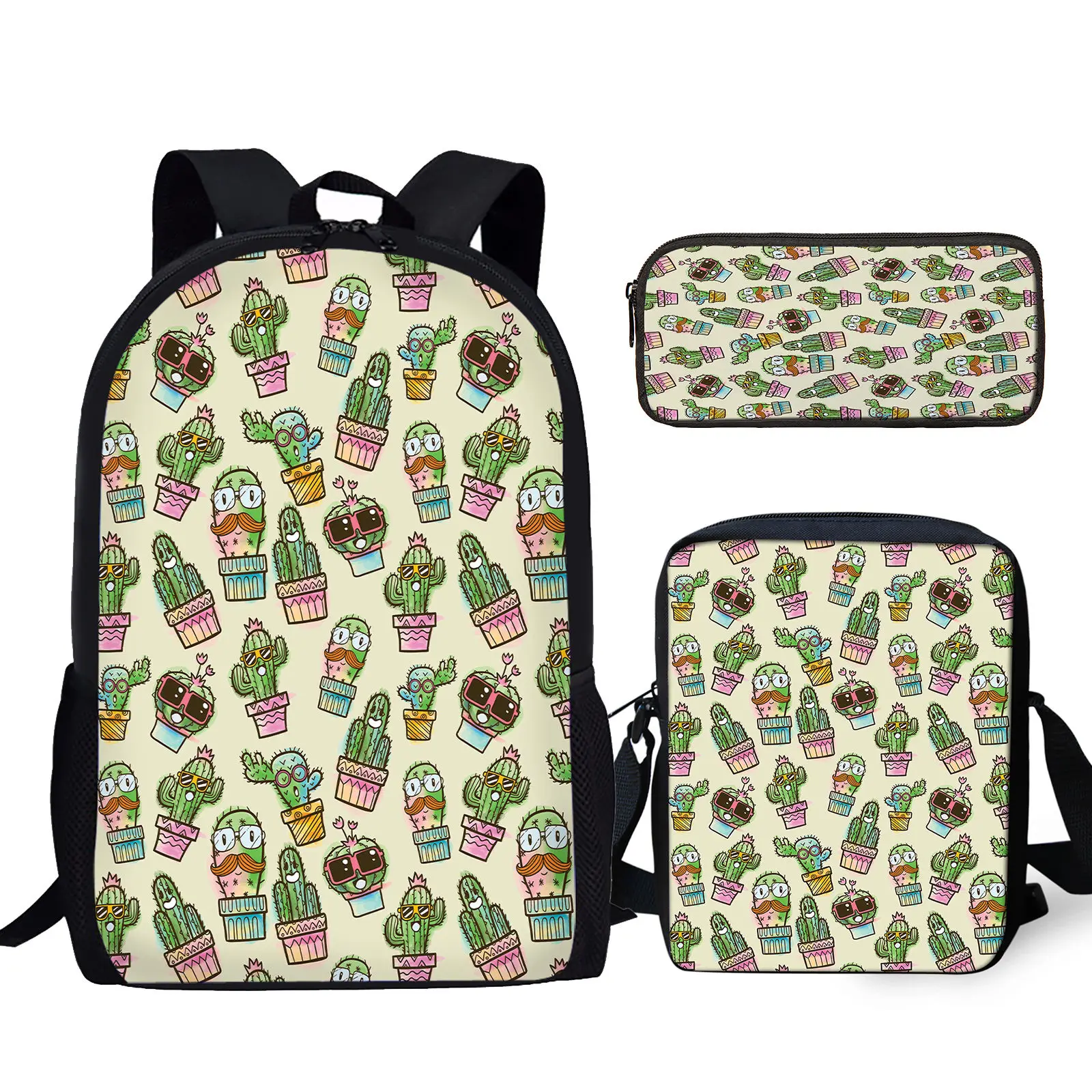 Fun Cartoon Cactus Potted Plant Printing 3pcs Back To School Gifts For Students Durable Brand Large Capacity Bag Messenger Bag