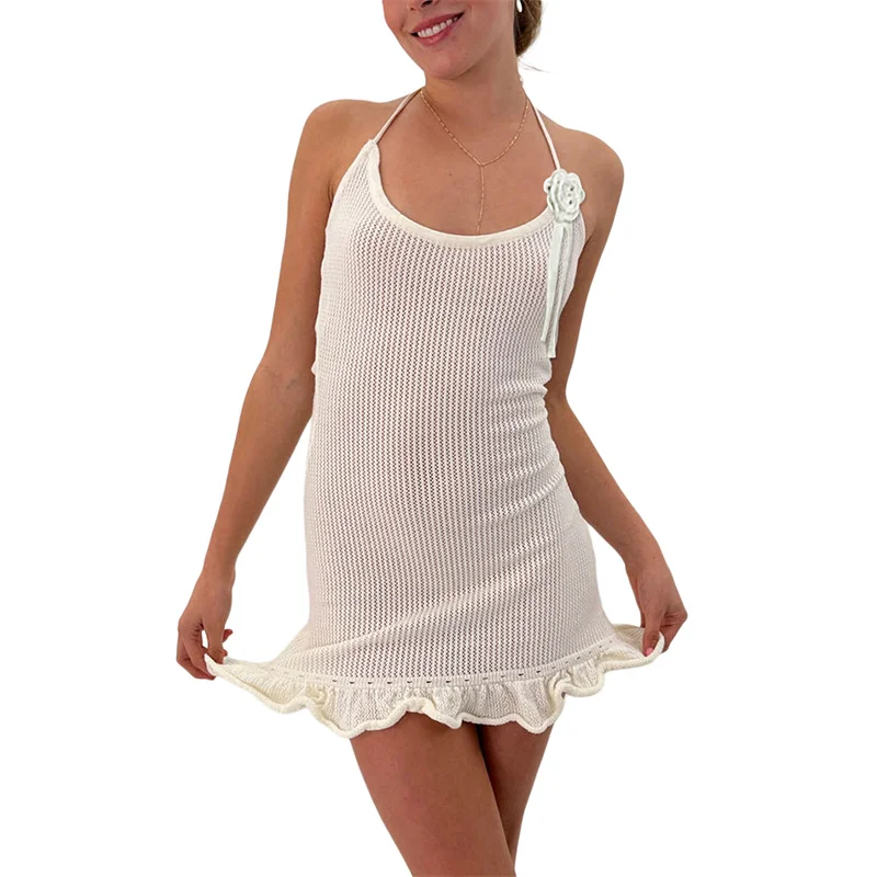 Halter Dress y2k Clothes Women Summer Solid Color Sleeveless Knitted Bodycon Dress with 3D Flower Beach Party Dresses