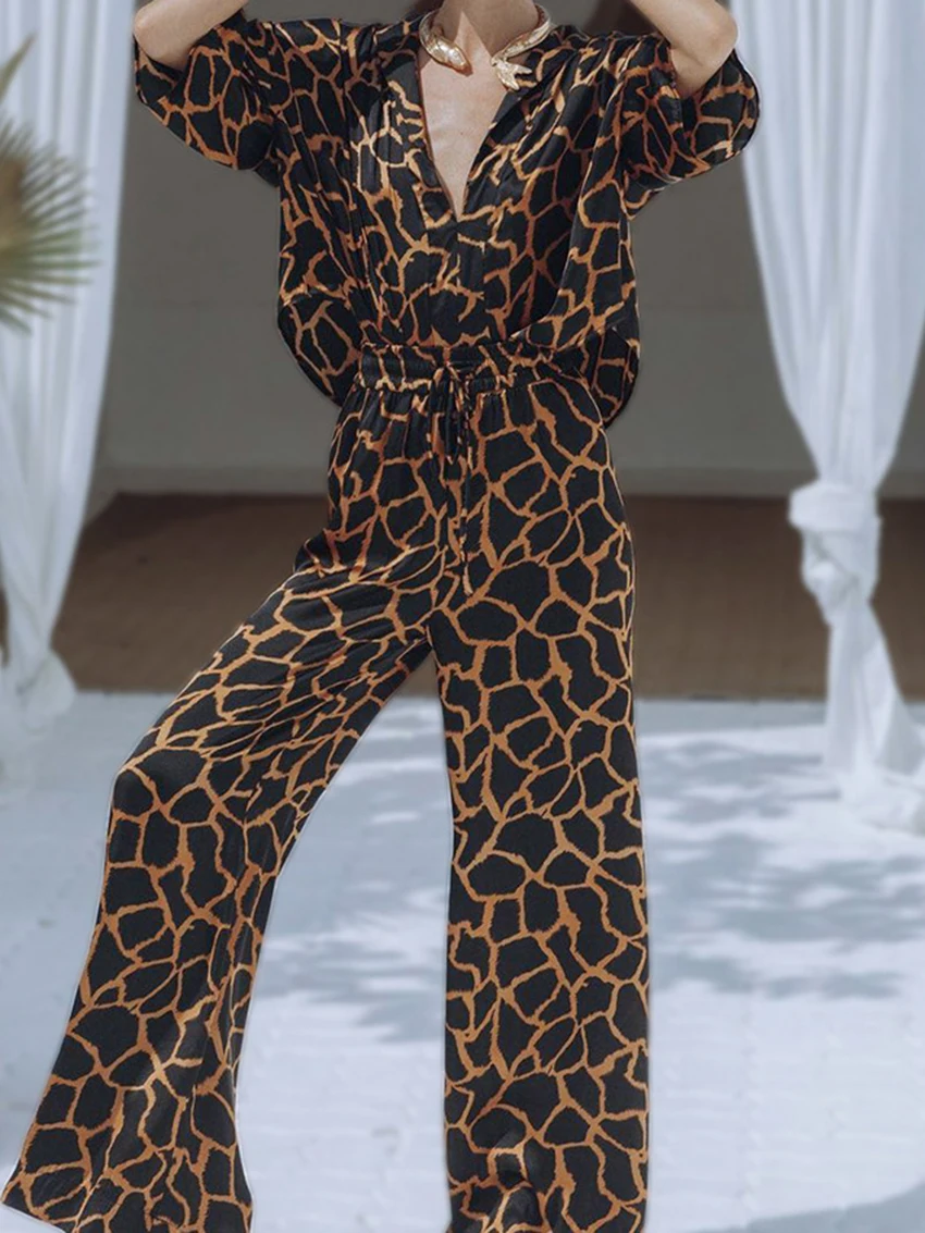 Mathaqiqi Leopard Print Women Pajamas Set Turn-Down Collar Sleepwear Half Sleeve Nightgowns Pants Fashion Ladies Nightwear Suit