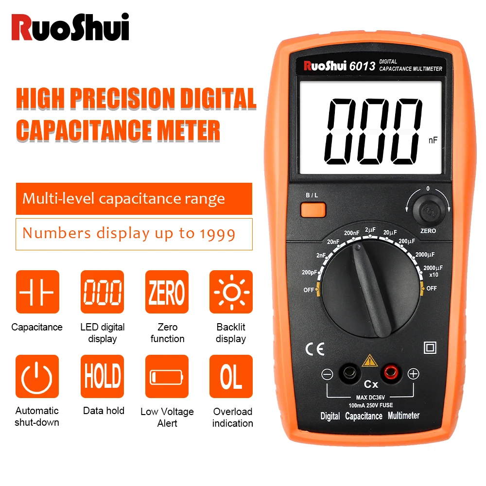 Ruoshui6013 Digital Capacitance Meter High Precision Handheld Capacitor Tester Auto Tool 200pf