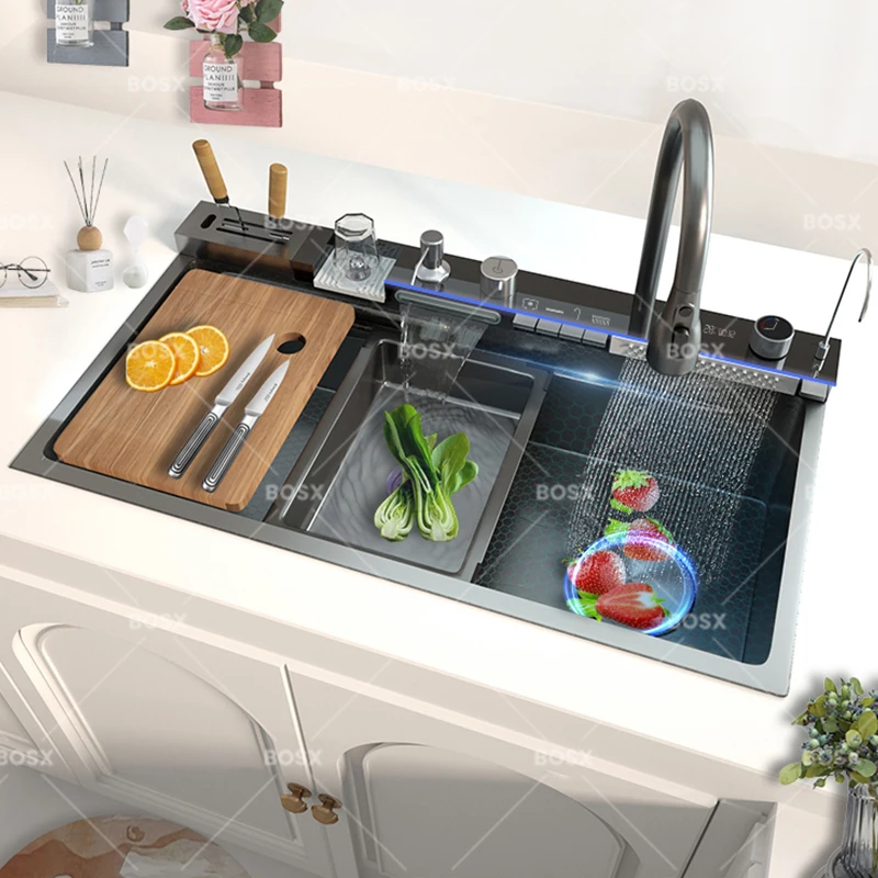 Stainless Steel Kitchen Sink With Waterfall Extra Large Single Slot Cup washer Digital Display Multifunctional Dishwashing Sinks