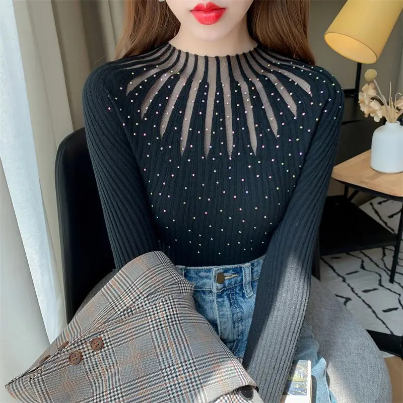 

Autumn Winter New Pullovers Women's O-Neck Slim Sweaters Fashion Sexy Hollow Out Diamonds Casual Versatile Long Sleeve Tops