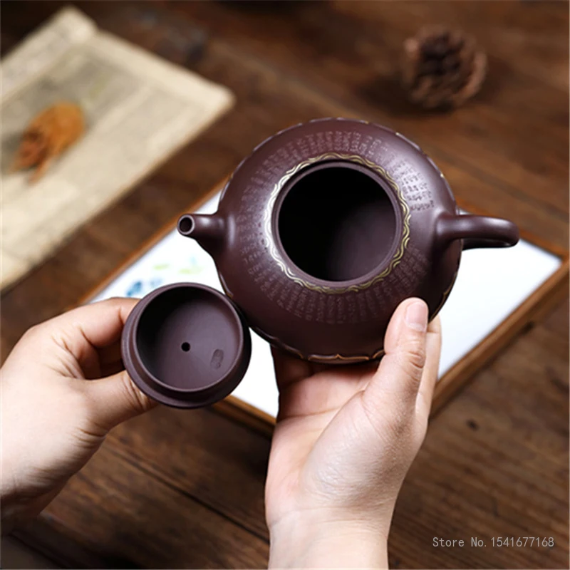 Zisha Segment Mud Teapot, Clay Buddha Lotus Pattern, Handmade Kongfu Tea Pots, New Chinese Purple Sand Tea Pot, 360CC, 1Pc