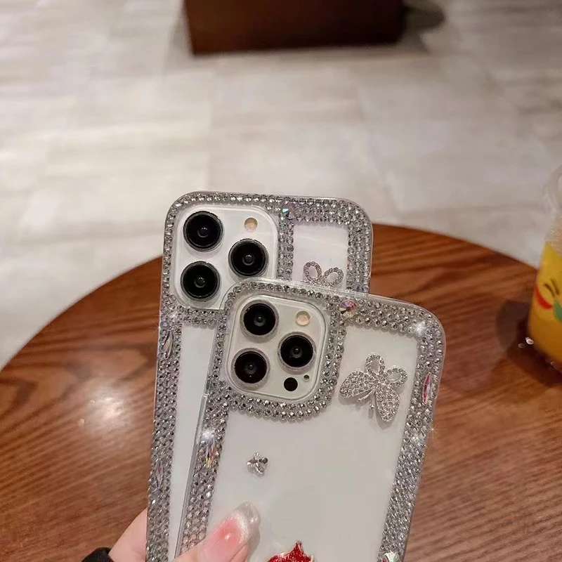 Clear Red Rose Phone Case with Love Bow and Bling Diamond Back Cover - Transparent and Fashionable Accessories