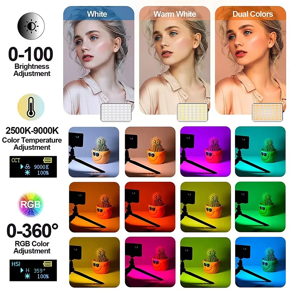 RGB LED Video Light Panel with Adjustable Color Temperature and LCD Display for Photography and Streaming