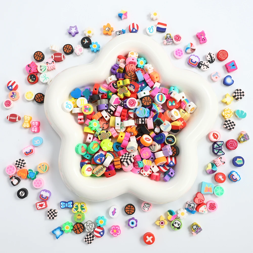 100 Stück Sortierte Polymer-Tonperlen, Gemischte Stile Bunte Tonperlen für DIY Schmuckherstellung, Armband Halskette Bastelbedarf – Detail 10