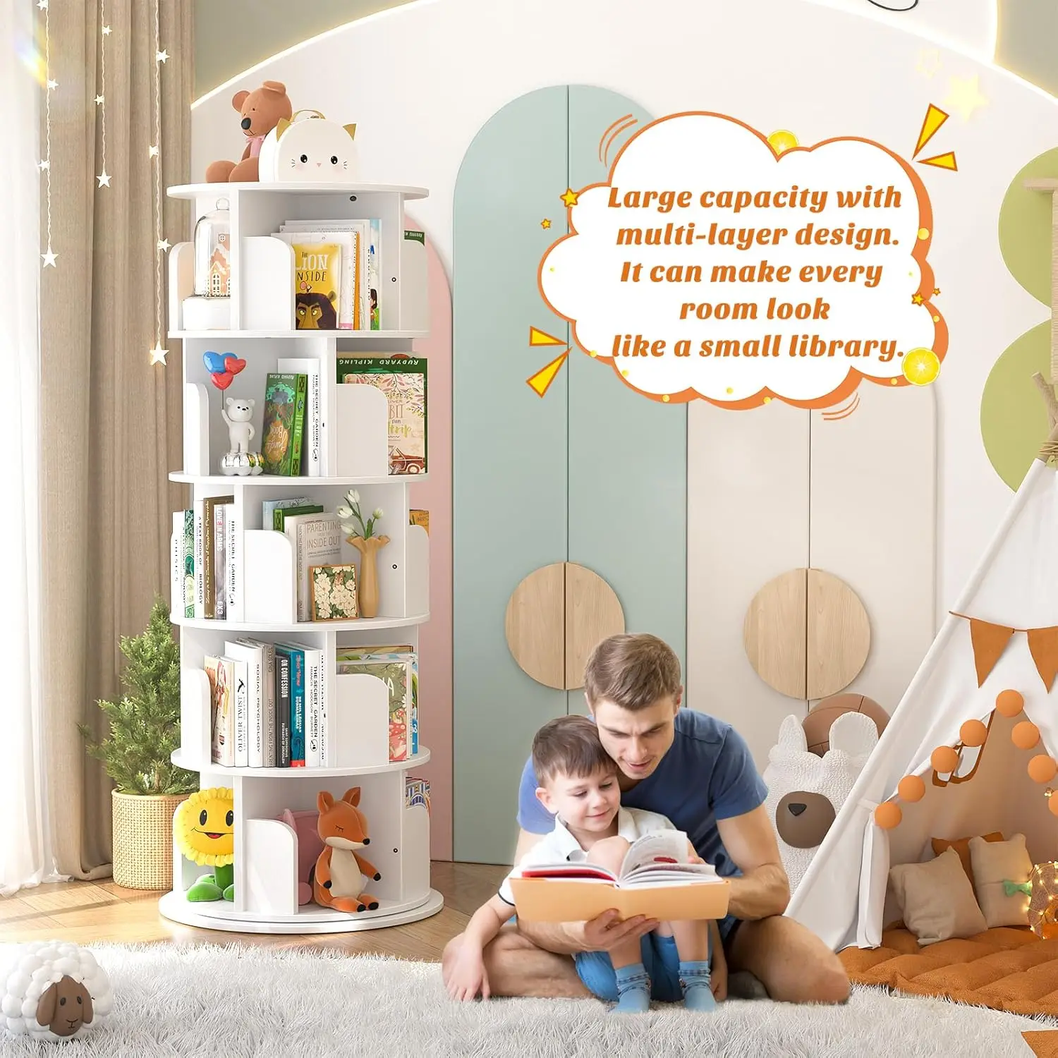 Rotating bookshelf, 360 display wooden rotating bookshelf tower, 5 floor standing bookshelf storage shelf, bedroom, study