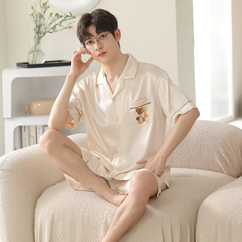 Summer Couple Short Sleeve Silk Satin Pajama Sets for Men Korean Cute Cartoon Sleepwear Women Night Dress Homewear Clothes