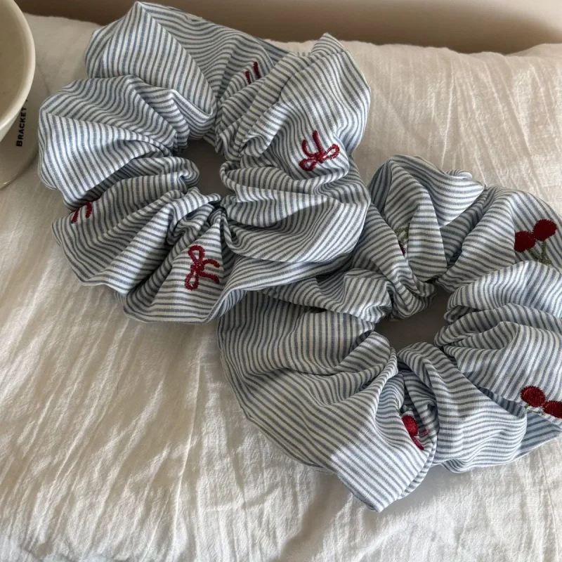 Set of 2 Stylish Korean Blue Striped Scrunchies with Red Bow and Cherry Design