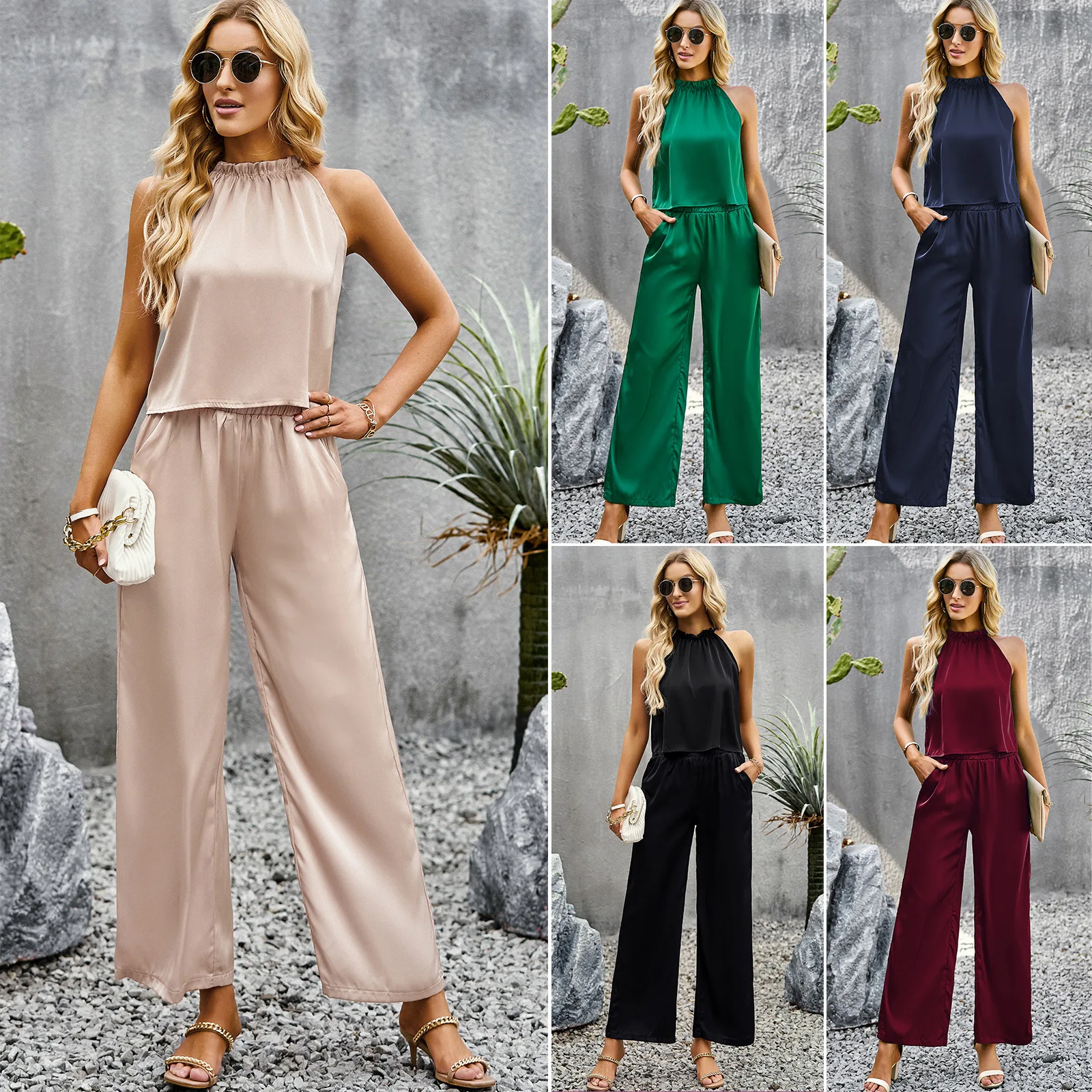 

Women Summer Fashion Lace Collar Solid Color Sleeveless Commuting Versatile Casual Pant Sets