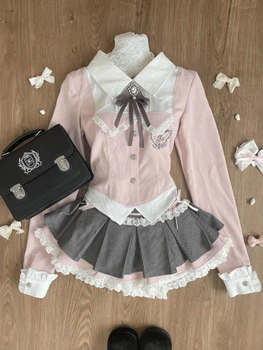 Spring Y2K Princess Outfits Women 2 Piece Sets Sweet Kawaii Bow Tops + Lace Pleated Skirt Female Retro Chic Preppy Style Clothes 1