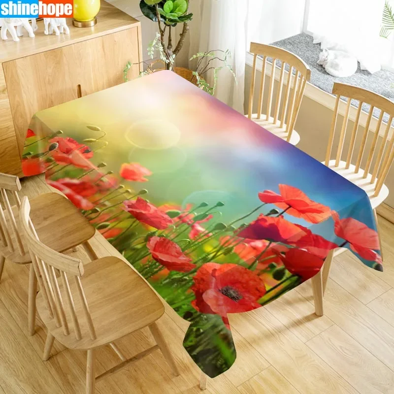 

Poppies Flowers Table Cloth Oxford Print Waterproof Oilproof Home Rectangular Party Table Cover 100X140cm/140X250cm