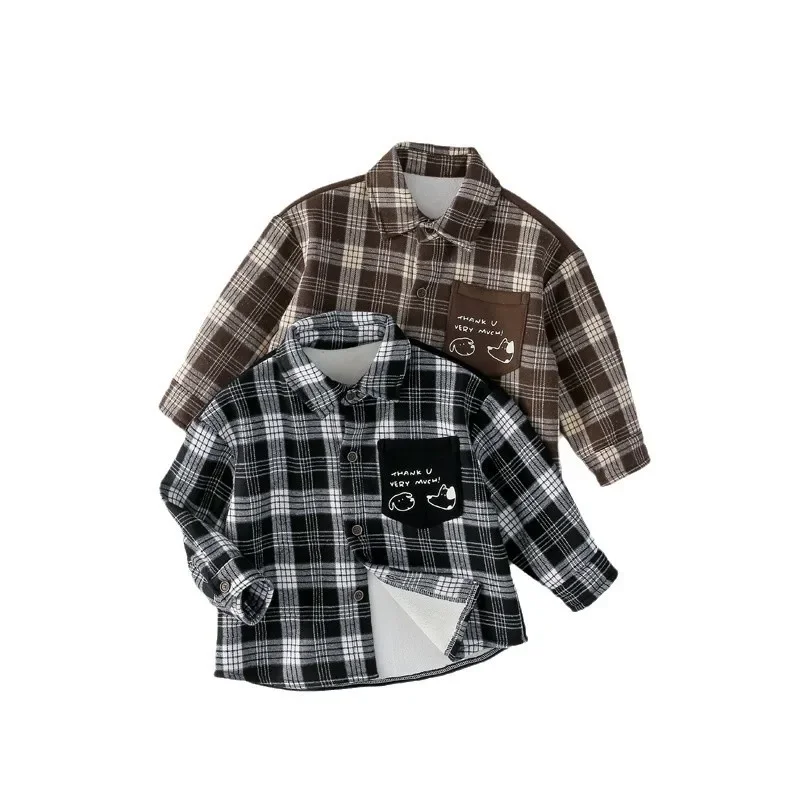 Thickened Long Sleeve Fleece Lined Baby Shirt Autumn Winter Kids Clothing Korean Style Toddler Boys Open Cardigan Top