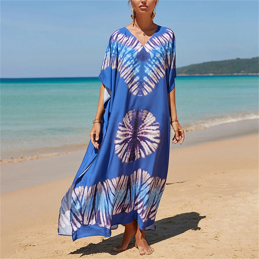 bikini cover up 2022 Long Kaftan Bohemian Printed Bikini Cover-Ups Sexy V-Neck Half Sleeve Maxi Dress Tunic Women Beach Wear Swim Suit Cover Up bathing suit skirt cover up