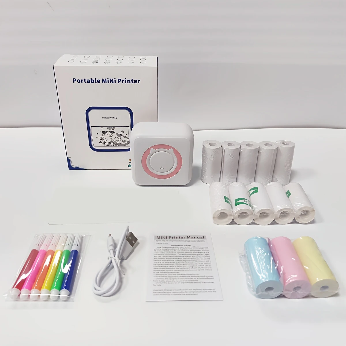Pocket Mini Printer with 5 Rolls of White Paper + 5 Rolls of White Adhesive Paper + 3 Rolls of Colorful Paper, Portable Thermal - 4