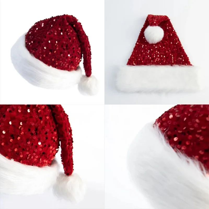Shiny Sequined New Year Christmas Hat Double-layer Red Santa Claus Caps Plush Fluffy Pompom Xmas Party Beanie Santa Cap Snowman christmas beanie hat