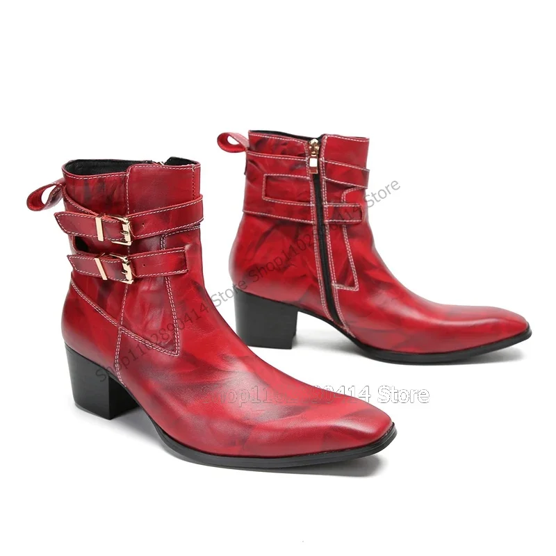 

Red Print Buckle Decor Square Toe High Top Ankle Boots Fashion Side Zipper Men Boots Luxury Handmade Party Feast Men Dress Shoes