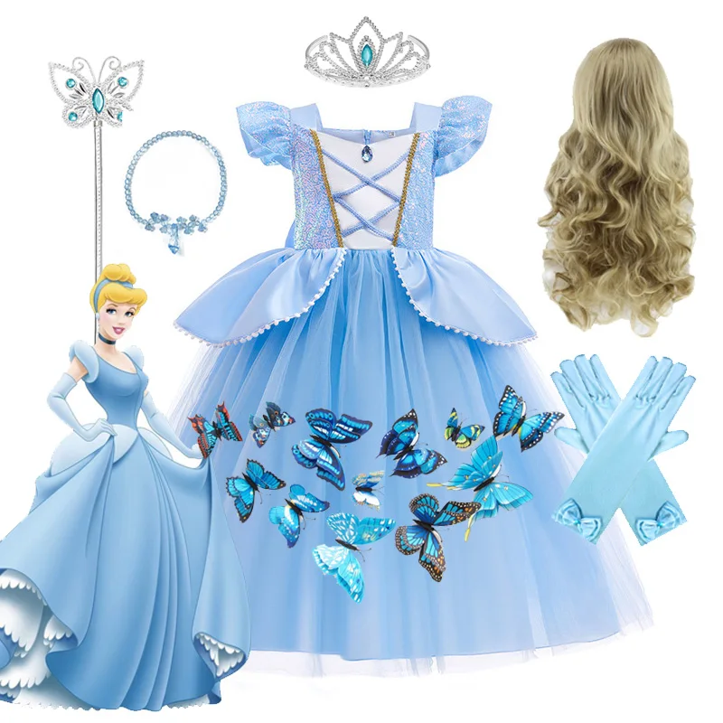 

Disney Princess Fancy Dress Up Halloween Cinderella Costume Sequin Bow Birthday Party Outfit for Girls 2-10T Elegant Ball Dress