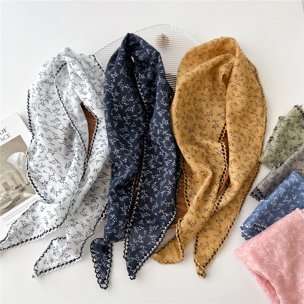 

New Small Floral Thin Narrow Scarf Neckerchief Women Cotton Linen Triangle Scarf Neck Scarves Headscarf Small Shawl Vintage