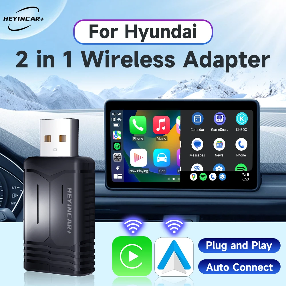 2024 г., HEYINCAR, 2 в 1, беспроводной адаптер для автомобиля на Android, Carplay, для Hyundai SANTA FE TUCSON ELANTRA IONIQ 5 6 KONA NEXO VENUE