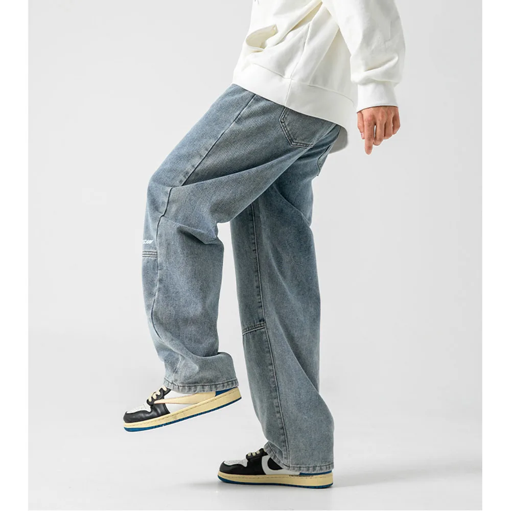

Новинка, модные прямые джинсы в стиле пэчворк с принтом, мужские повседневные свободные мешковатые брюки с эластичным поясом, одежда для одежды, джинсовые брюки в стиле хип-фиоп