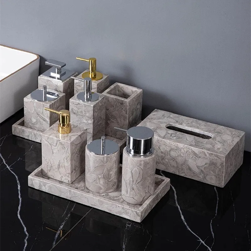 Bathroom Set Marble Liquid Soap Dispenser Bottle Dish Toothbrush Holder Rack Gargle Cup Tray Cotton Swab Tissue Box Nordic Style