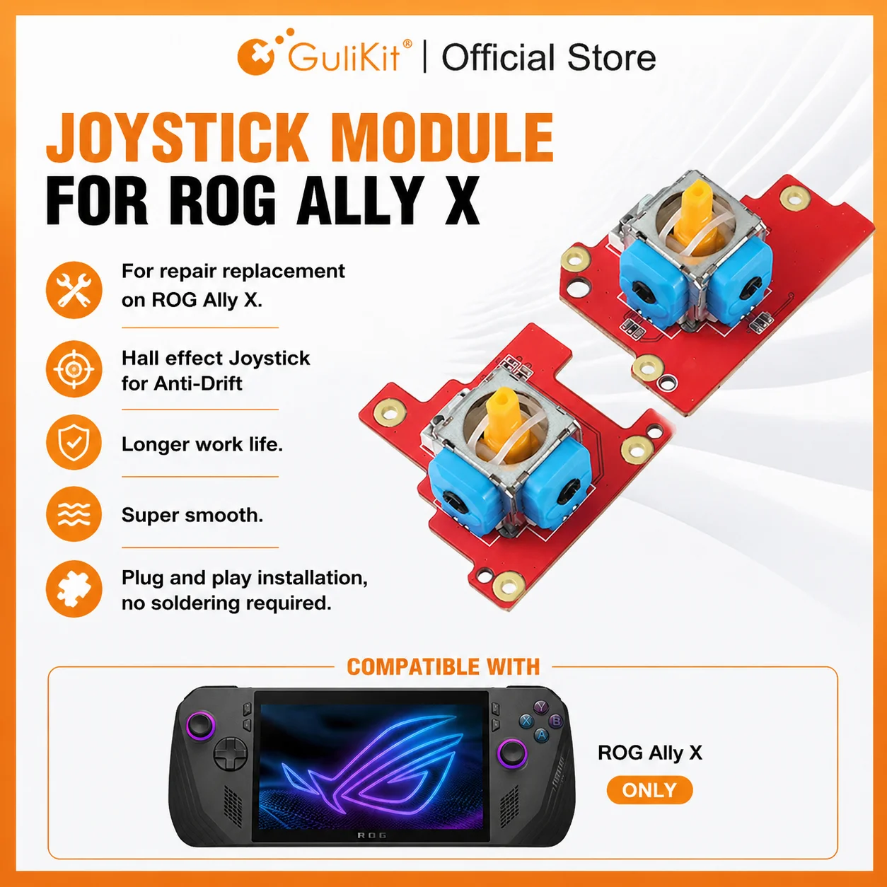 GuliKit 홀 이펙트 조이스틱 모듈 ROG Ally X용, 안티 드리프트 아날로그 썸스틱 게임 액세서리 수리 교체용
