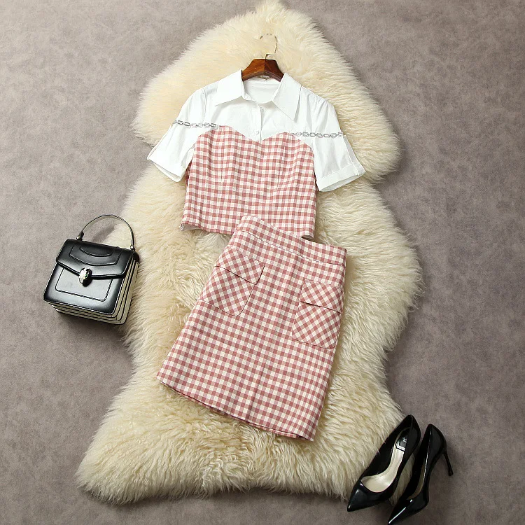 

European and American women's clothes 2023 summer new Short sleeve chain check shirt pink skirt Fashion suit