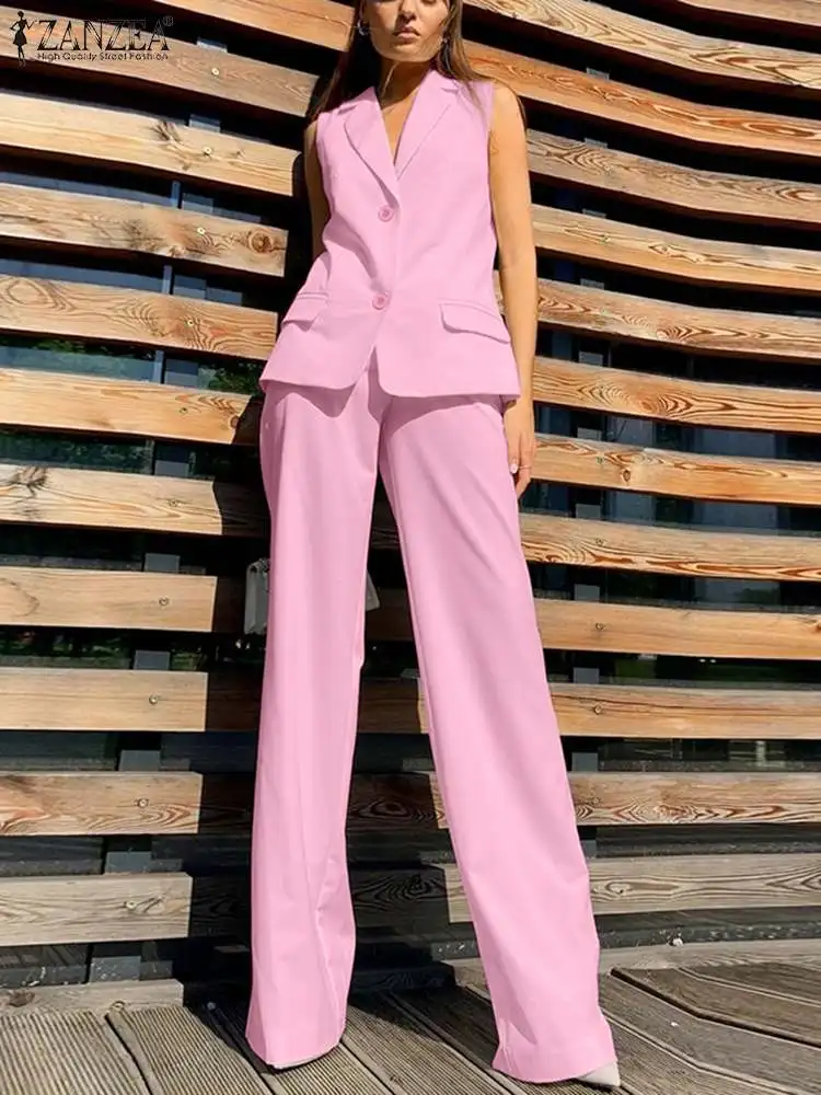 ZANZEA Elegant Elastic Waist Trouser Outfits Fashion 2pcs Pant Sets