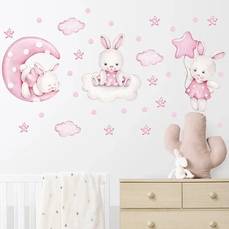 Watercolor 3 Bunnies Rabbit Moon Clouds Stars Wall Stickers for Kids Room Baby Nursery Room Wall Decals Home Decor PVC wall stickers