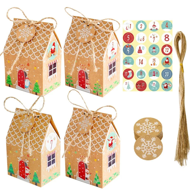 24Sets Advent Calendar Gingerbread House Gift Box Christmas Treat Candy Favor Box with Gift Tag Sticker Countdown Xmas christmas countdown calendar christmas advent calendar