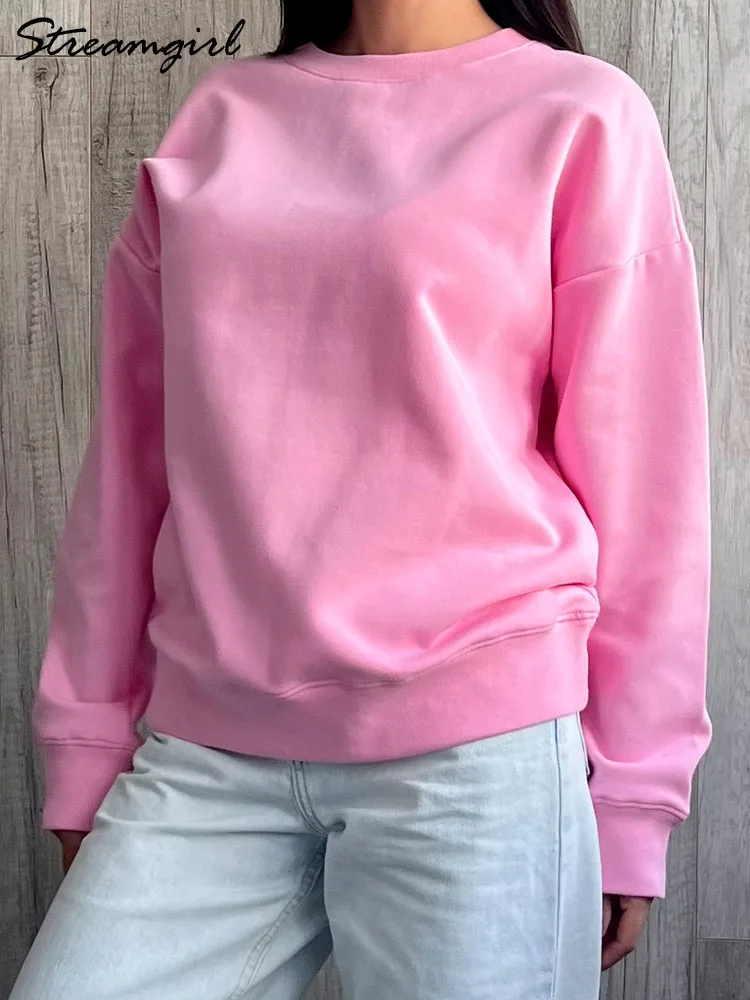 Women Sweatshirts No Hood Oversized Cotton Long Sleeve Tops Basic Solid O Neck Sweatshirts For Women Oversized Pullovers Spring 2