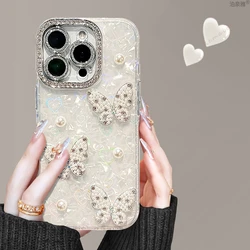 Glitter Heart Pearl Diamond Wrist Bracelet Phone Case with Camera Protector Cover - iPhone 15 Plus (1A)