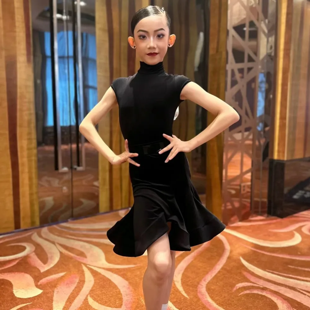 Dance Dress Green Ballroom Latin Short Sleeve Girls American Dance Rumba Cha Cha Samba Tango Costume Competition Practice Kids