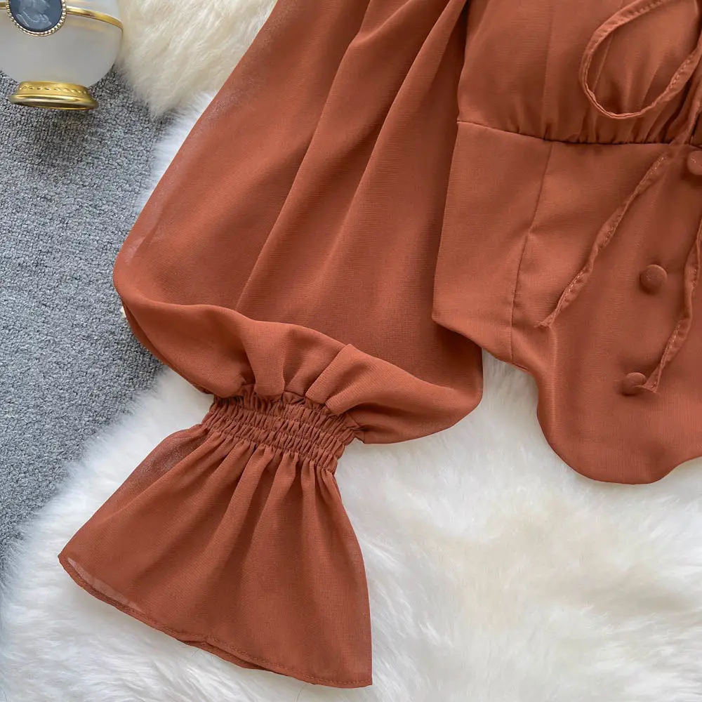 White Blouses Women Aesthetic Solid All-match Vintage Casual Ladies Tops Slim Schoolgirls Spring Bandage Lantern Sleeve Clothing